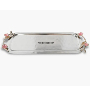 Bandeja de servir martillada para decoración del hogar y regalos, bandeja de servir en venta, calidad superior, mango floral en tono plateado - Product Image 1