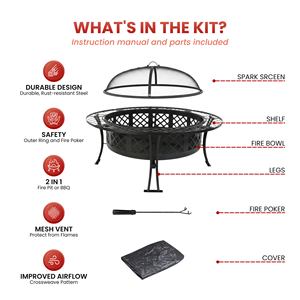 Brasero d'extérieur rond en acier avec grille de cuisson BBQ, écran anti-étincelles et pioche à feu FP003 - Product Image 3