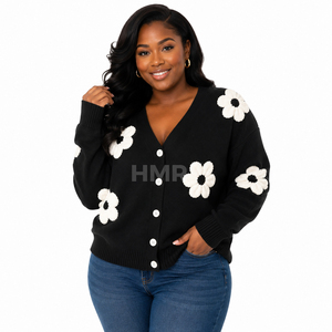 HMR Sisterhood Sorority Cardigan en acrylique noir tricoté avec broderie florale blanche, col en V, manches longues, haut décontracté - Product Image 1