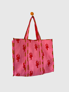 Sac fourre-tout en coton rose à panneaux avec imprimé homard, style bohème, ouvert en dessus, idéal pour le shopping estival - Product Image 3