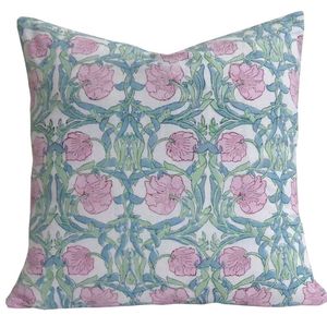 Floral Pattern Square Cotton Throw Pillow Cover With Pink <b>Flowers</b> And Green Leaves Washable Envelope Closure Decorative <b>Cushion</b> - Product Image 3