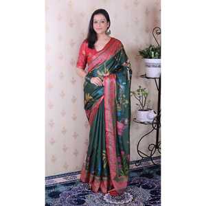 Bottle Green Soft Tussar Silk Pichwai Saree Traditional Printed Zari Woven <b>Indian</b> & <b>Pakistani</b> <b>Clothing</b> Elite Weaves 450g - Product Image 1
