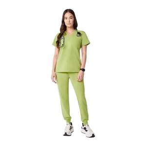 Blusa Médica Verde Lima para Mujer, Manga Corta, Cuello en V, con Bolsillo, Uniforme de Hospital, Mezcla de Algodón y Poliéster - Product Image 3