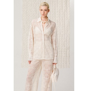 Low MOQ Trousers Women 300 Grams ELEGANT WIDE-LEG LACE PANTS ODM Japanese Organic Cotton Lace Women's Casual Pants - Product Image 2