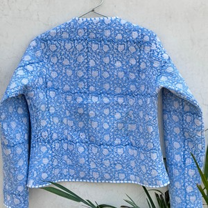 Blue Embossed Print V-Neck <b>Cardigan</b> Full Sleeve Cotton Quilted Jacket <b>Spring</b> Outerwear Elegant Women's Coat - Product Image 5
