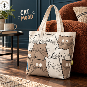 Cat Print <b>Canvas</b> <b>Tote</b> with Long Handles for Everyday Carry | Natural Shopping Shoulder <b>Bag</b> with Soft Structure for Daily Travel - Product Image 4