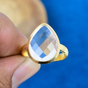 Natural Clear <b>Quartz</b> Gemstone Pear Shape <b>Ring</b> 18k Gold Micron Over 925 Sterling Silver - Product Image 1