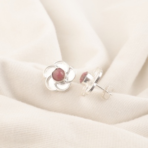 Classic 925 Sterling Silver Coated Luxury <b>Stud</b> <b>Earrings</b> with <b>Black</b> Rhodonite Stone Work Round Shape for Unisex Party & Gift Wear - Product Image 2