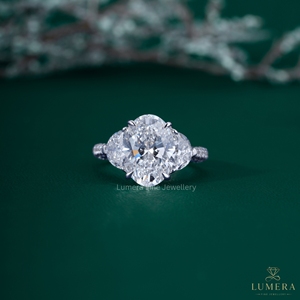 Oval Cut Lab Grown Diamond Three Stone Engagement <b>Ring</b> 14K 18K White Gold Half <b>Moon</b> Side Stone Pave Band Wedding Bridal <b>Ring</b> - Product Image 1