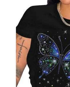 T-shirt personnalisé noir pour femme avec imprimé papillon et strass, manches courtes, décontracté, été, mélange de coton, haut tendance OEM sur mesure - Product Image 3