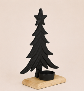 Modern Matte Black Metal Christmas Tree <b>Tea</b> <b>Light</b> <b>Holder</b> With Rustic Wooden Base Elegant Xmas Table Centerpiece & Festive Home - Product Image 5