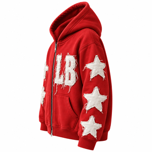 Mens <b>Red</b> Zip Up <b>Hoodie</b> Vintage Applique Fashion <b>Hoodie</b> Distressed Letter Design Star Patch Decoration Casual <b>Zipper</b> <b>hoodie</b> - Product Image 5