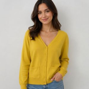 Women's Yellow Knitted V-Neck <b>Cardigan</b> Long Sleeve <b>Button</b> Front Casual Solid Color Pocket Design Regular Fit All Seasons - Product Image 1