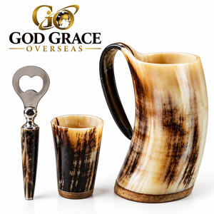 ชุดแก้วน้ำทำมือจากเขาควาย GOD GRACE OVERSEAS เป็นมิตรกับสิ่งแวดล้อม ขัดเงาอย่างเป็นธรรมชาติ สไตล์เรียบง่าย พร้อมที่เปิดขวดและถ้วย - Product Image 2
