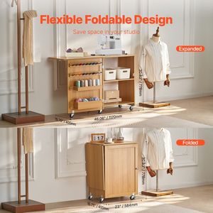 Tavolo da Cucito Pieghevole Multifunzione con Ruote, Ripiani, Vassoi Portaoggetti, Pioli in Legno, Design Compatto per Cucito e Lavori a Maglia - Product Image 3