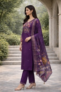 Ensemble Kurti élégant pour femmes en coton et soie violet, manches 3/4, entièrement cousu, pour les occasions régulières et festives - Product Image 2