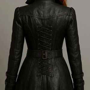 Women's Steampunk Top Faux Leather Trench Coat <b>Corset</b> Back <b>Gothic</b> Overcoat Wholesale - Product Image 5