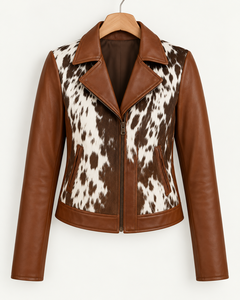 Chaqueta de Motociclista de Cuero Genuino Marrón para Mujer, Talla Grande, con Pelo de Vaca y Estampado Animal - Product Image 1