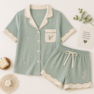 Conjunto de pijama de algodón para mujer, ropa de dormir bordada con botones y manga corta, ropa de dormir de dos piezas, traje informal de verano - Product Image 5