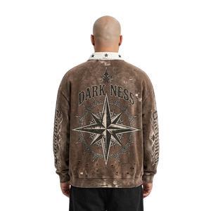 Sweat-shirts en molleton de coton 400 g/m² couleur moka brun teinture minérale, col rabattu, qualité supérieure, vente chaude, pulls décontractés - Product Image 2
