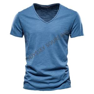 T-shirt pour homme 100% coton, col en V, manches courtes, haute qualité, coupe classique vintage, tissu tricoté uni respirant - Product Image 1