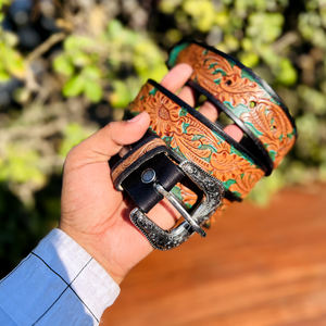 Ceinture Western vintage en cuir sculpté à la main avec boucle à ardillon en laiton et motif Paisley, ceinture de cowboy en cuir d'Argentine - Product Image 6