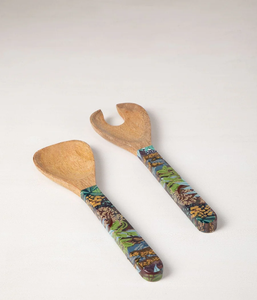 Cuillère/Fourchette en bois émaillé avec manche à carreaux bleus, design minimaliste, cuillère imprimée pour servir la salade - Product Image 5