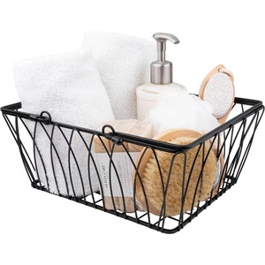 Black Metal <b>Wire</b> <b>Storage</b> <b>Basket</b> Rectangle With Handles Modern Style For Bathrooms Neatening Organizer - Product Image 5