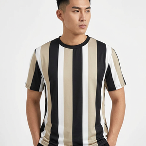 เสื้อยืดแขนสั้นลายทางผู้ชาย คอกลม ทรงปกติ ผ้าทอ สีดำ ขาว เบจ ลายพิมพ์ - Product Image 4