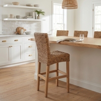 Silla de Bar Samalona con Estructura de Caoba y Ratán Natural, Taburetes Altos Premium para Exteriores, Lavables, Estilo Resort, Asientos para Barra de Cocina