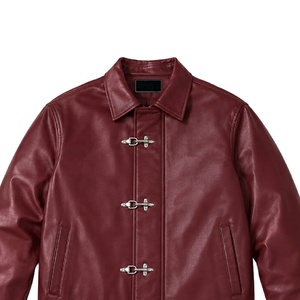 Chaqueta de Cuero Genuino Color Vino Tinto Borgoña Personalizada para Hombre, con Cierre Frontal de Hebilla Metálica y Cierre de Cremallera en los Puños, Estilo Casual - Product Image 2