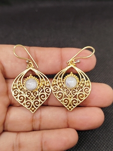 Moonstone Export Brass Gemstone Drop Earrings Bulk Handcrafted Gold Plated Finish Moonstone Pattern Bezel - Product Image 1