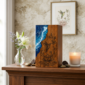 Handmade Wooden Cremation Urn Ocean Wave Resin <b>Memorial</b> <b>Box</b> Floral Bird Inlay Adult Cremation Keepsake Case - Product Image 2