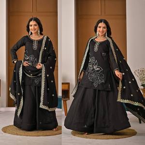 Conjunto Kurta Sharara Negro Bordado con Dupatta de Diseño, Estilo Pakistaní, Traje Salwar Étnico para Fiesta, para Mujer - Product Image 2
