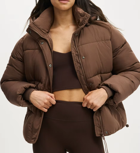 Women's Quilted Puffer Jacket <b>Stand</b> Collar Zipper Closure Winter Warm Coat Full Sleeve Solid Color 100% Polyester - Product Image 1