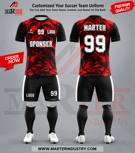 Conjunto de Uniforme de Fútbol Personalizado con Transferencia Térmica, Transpirable, 100% Poliéster, Estampado Marmoleado Rojo y Negro para Equipo Gris, Pantalones Cortos y Calcetines - Product Image 3