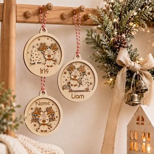 Wooden <b>Christmas</b> Ornaments Circular Laser Cut <b>Reindeer</b> Design Wall Hanging <b>Decor</b> for Holiday Home Decoration 3 Pcs - Product Image 1