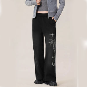 Pantalones de Mujer de Primera Calidad con Estampado de Diamantes de Imitación, Corte Bootcut, Efecto Desgastado por el Sol, Cintura Elástica, Lavado Ácido - Product Image 5