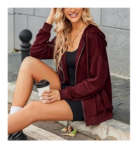 Nouveau design – Sweat à capuche zippé décontracté pour femme, 100 % coton, manches longues, col rond, épaules tombantes, couleur unie, confortable – Meilleur prix - Product Image 4