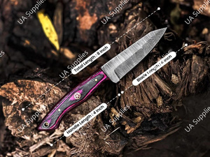 มีดเดินป่าล่าสัตว์เหล็กดามัสกัสพรีเมียม ด้ามไม้ปักก้า ใบมีดแบบฟิกซ์ สำหรับกิจกรรมเอาตัวรอดกลางแจ้ง ปลายใบมีดแบบดรอปพอยต์ ด้ามจับแบบฟูลแทง OEM/ODM MOQ ต่ำ - Product Image 3