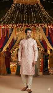 Collection de vêtements ethniques haut de gamme en soie jacquard lourde avec broderies complexes pour hommes – Kurtis traditionnels de mariage sans plis - Product Image 4