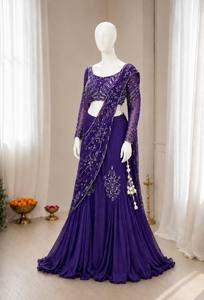 Ensemble Saree Lehenga Indien Brodé Violet avec Broderie Semi-Perles et Fil, Manches Longues, Dupatta en Tulle, pour Mariage, Diwali, Soirée, Longueur Ras du Sol - Product Image 3