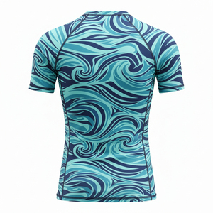Men's Full Sleeve Rash Guard Sublimation Print Quick Dry <b>Coral</b> Swim <b>Top</b> Wave Pattern Adult Sport Shirt UPF50+ - Product Image 2