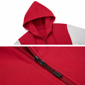 Red <b>White</b> Color Blocking Hooded Tracksuit Full Zip Casual <b>Jogger</b> Set With Side Pockets Breathable Polyester Cotton Sportswear - Product Image 3