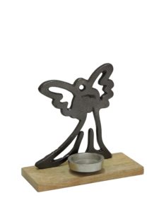 Porte-bougie en métal foncé en forme d'ange avec coupelle pour bougie chauffe-plat et base en bois, décoration de table - Product Image 1