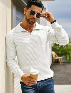 Pull en tricot côtelé blanc pour homme, manches longues, couleur unie, vêtement d'automne, fermeture à un bouton - Product Image 2
