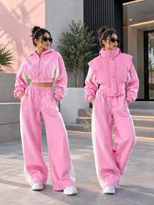 2026 Womens <b>Cropped</b> <b>Zip</b> Hoodie Solid Wide Leg Jogger Set Custom Fleece Two Piece Winter 400g Activewear Wholesale Custom Color - Product Image 2