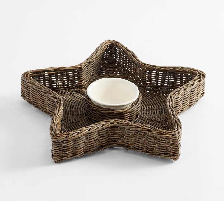 Special Star-Shaped Natural Rattan Tray Convenient Foldable Food & Fruit Storage with Central Compartment for Lunch & Laundry