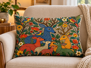 Funda de Cojín Cuadrada de Terciopelo Bohemio con Estampado Colorido de Ciervos, Pájaros y Flores, Funda de Almohada Decorativa con Diseño Animal - Product Image 3