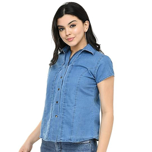 Women's Denim <b>Shirt</b> <b>Half</b> Sleeve Knitted <b>Button</b> Custom Design Regular Fit Casual Wear - Product Image 4